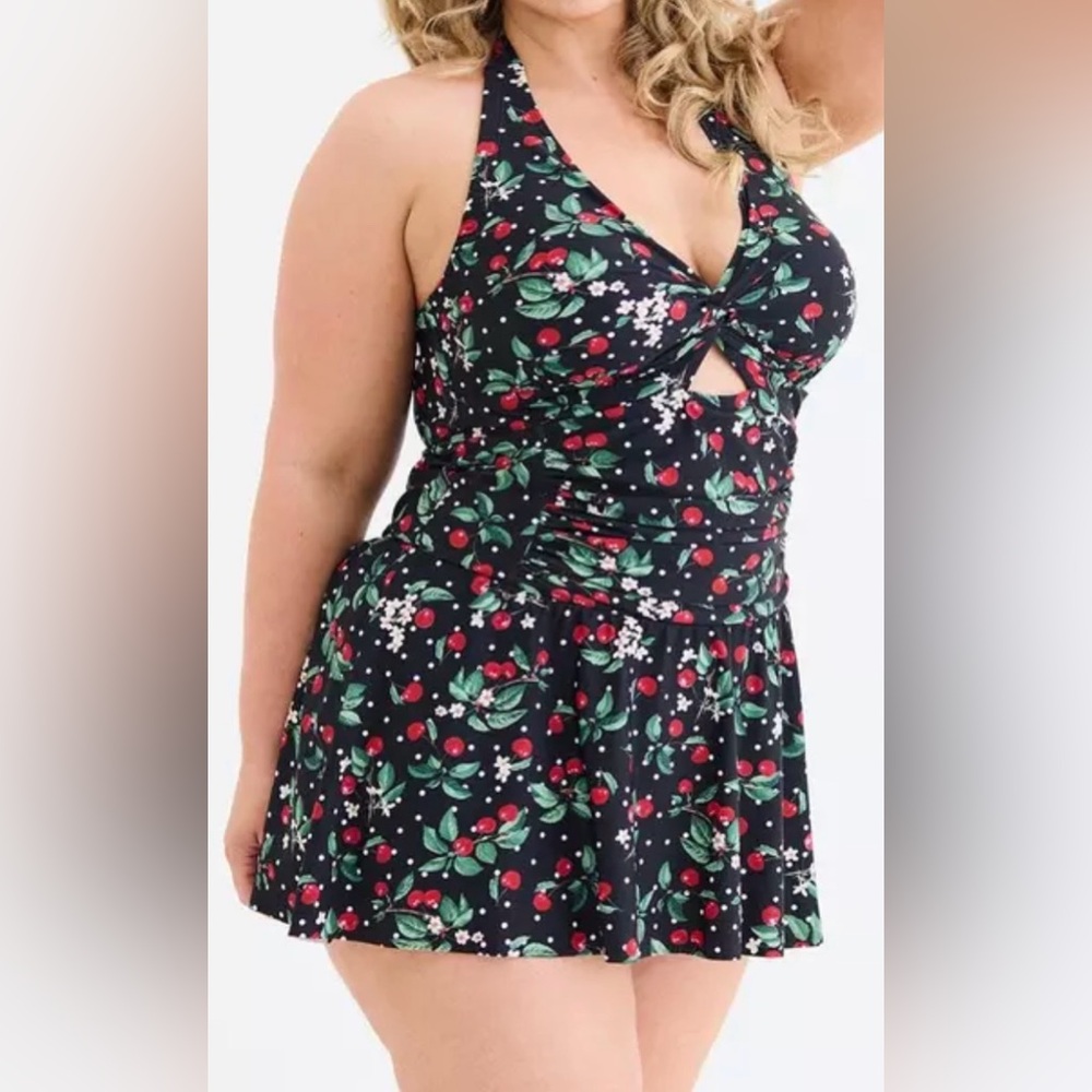 NWT Torrid 3X 3XL Retro Chic Halter Cherry Print Swim Dress Swimsuit w/Brief